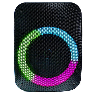 QFX PBX-126 TWS Bluetooth Rechargeable Portable 10-Watt Speaker with a 4” Woofer Microphone Input AUX Input USB Input TF Card Input FM Radio and LED Party Lights Black