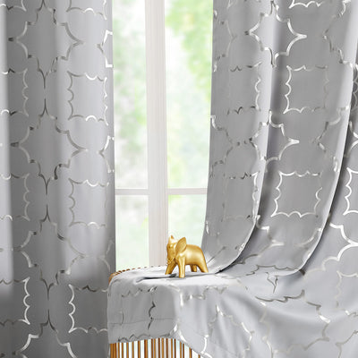 Purainbow Grey Blackout Curtain Panels for Bedroom 84" Silver Foil Moroccan Metallic Print Energy Efficient Drapes for Bedroom Living Room Thermal Insulated Window Treatments Grommet Top 2 Panels