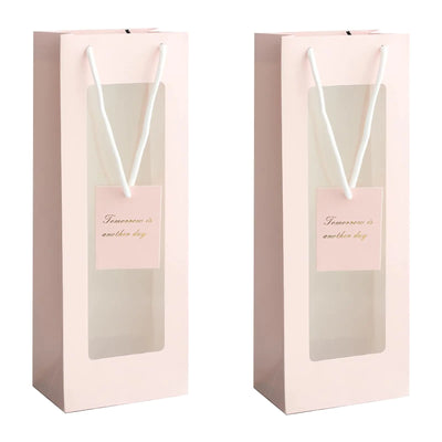 HANSWARE Lot de 2 sacs cadeaux pour bouteilles de vin avec fenêtre transparente, sacs en papier avec poignées pour la Saint-Valentin, un mariage, Pâques, Noël, une fête prénatale, un anniversaire, rose