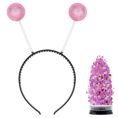 Diadema de Alien Funcredible con purpurina gruesa | Antena de alienígena marciano y purpurina holográfica | Accesorios de disfraz de alienígena de fiesta temática espacial para Halloween, cosplay, para mujeres, niñas, adultos, niños (rosa)