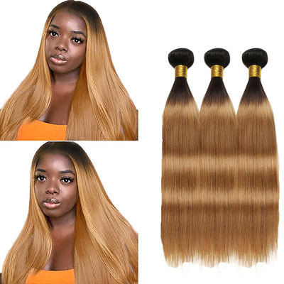 1B27 Weave Hair Human Bundles Ombre Straight Wavy Bundles Human Hair 8A Brazilian Straight Hair 3 Bundles 18 20 22 Inch Unprocessed Virgin Hair Weave Extensions 100g/pc