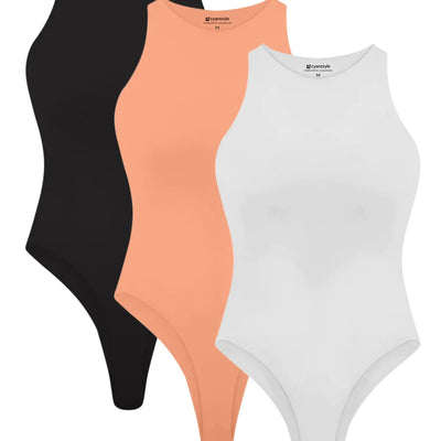 Cyanstyle 3 Piece Bodysuits for Women Sleeveless Racerback Halter Neck Double Lined Bodysuit Tank Tops Black White Peach Nectar Large