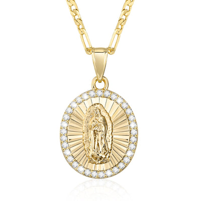 Hisatan 14k Gold Plated Guadalupe Virgin Mary Pendant Necklace for Women Cubic Zirconia Mother Mary Catholic Necklace Virgen de Guadalupe Charm Pendant Lady of Guadalupe Jewelry 18"+2" Chain
