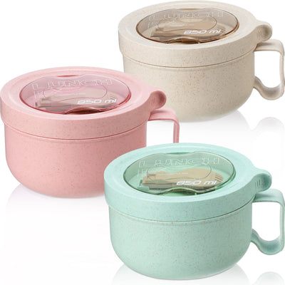 3 cuencos de sopa de paja de trigo con tenedor cuchara, tazas de sopa grandes con tapa, cuenco para fideos instantáneos, taza de sopa con asa, cuencos de cocina instantáneos para viajes, recipientes de alimentos, beige, rosa, verde, 28.74 oz