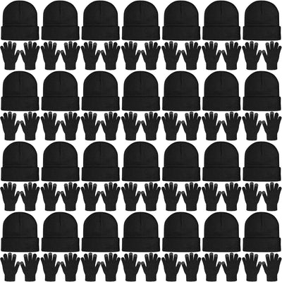 SATINIOR 56 Pieces Bulk Winter Hats Winter Beanies Touchscreen Gloves Combo Pack Knitted Cuffed Skull Caps Bulk Pack for Men Women Black