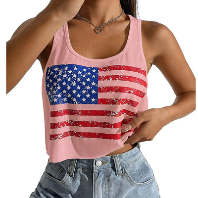 Débardeur court sexy à drapeau américain pour femme, débardeur patriotique sans manches pour le 4 juillet (rose M)