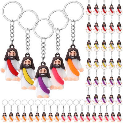 Sumind 48 Pcs Jesus Toys Figurine Christian Keychain Jesus Doll Religious Keychain Bulk Classic Christian Rings for Christ(Bright ColorClassic)