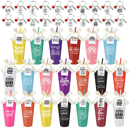 Honeydak 20 ensembles de cadeaux de remerciement pour enseignants, gobelets en plastique de 700 ml pour enseignants avec couvercles, pailles, porte-clés de remerciement, cartes de remerciement pour les professeurs, le personnel et les collègues (mignons)