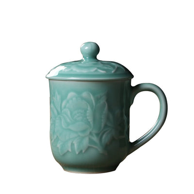 Tazas de té de 13 oz con tapa, tazas de café de porcelana grabadas con peonías chinas celadón (01-azul cielo)
