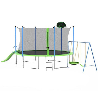 12FT Trampoline With Slide And Swings, ASTM Approved Large Recreational Trampoline With Basketball Hoop And Ladder,Outdoor Backyard Trampoline With Net, Capacity For Kids And Adults