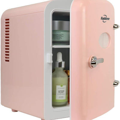 Koolatron Retro Mini Fridge for Bedroom Skincare Cosmatic Office Small Refrigerator Dorm Fridge 4L Compact Mini Refrigerator Personal Cooler Pink Ideal for Bedroom Travel and Beauty