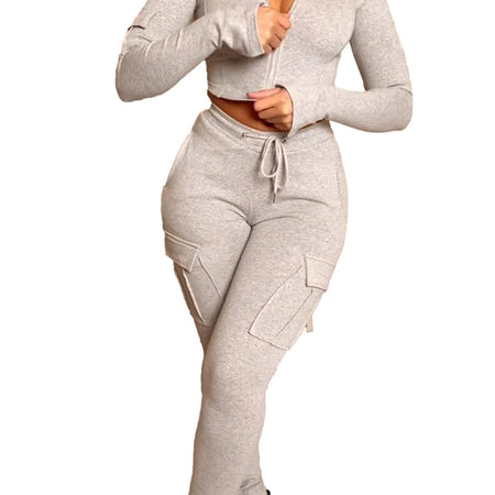 Voghtic Womens 2 Piece Outfits Sweatsuit Long Sleeve Zip Up Crop Hoodie Sweatpants with Pockets