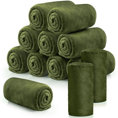 Tinideya 12 Pcs Flannel Fleece Throw Blanket Bulk 50 x 60 Inch Soft Fleece Blanket Warm Throw Blanket Coral Fleece Throw Blankets for Couch Sofa Home Wedding Gifts Season (Army Green)