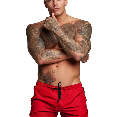 TONLEN Mens Swimwear Sports Shorts Swim Trunks with Zipper Pockets (US Alpha Small Regular Regular Bright Red)