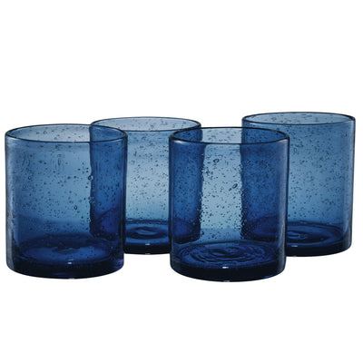 ARTLAND 14oz Double Old Fashion Glass Set of 4 | Iris Seeded Design Slate Blue | Drinking Glass for Parties and Everyday Use - Mojito Whiskey Cocktail | Glassware & Barware Essentials