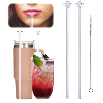 BABORUI Anti Wrinkle Straw for Stanley Cup 30oz 2pcs Reusable Glass Anti Lip Wrinkle Straw with Cleaning Brush Anti Wrinkle Drinking Straw Cup Accessories for Stanley No Extension Required