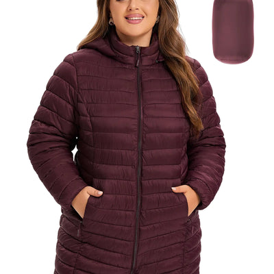SLOW DOWN Doudoune légère grande taille pour femme, veste d'hiver compressible pour femme, veste bouffante pour femme avec capuche amovible (Bourgogne3X)