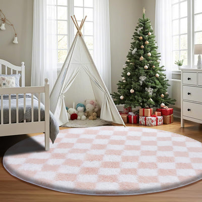 TOOHUB Super Soft Rug Round Rug for Bedroom 5X5 Ft Pink and White Checkered Round Rug Non-Slip High Pile Cute Soft Fluffy Rug for Living Room Bedroom Kids Room