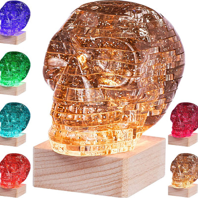 3D Skull Crystal Puzzle Original 3D Crystal Puzzle Assembly Brain Teaser with Light-Up Wood Base Plastic Skull Puzzle Blocks 3D Model Toy Ideal Gift for Adults Kid Ages 14 and Up Skull Grey