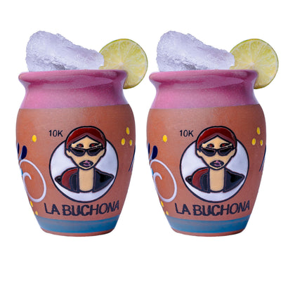 ELTRICOLOR Cantaritos de Barro Mexicanos - Juego de 2 Auténticos Tarros de Arcilla de 14 oz - Jarritos de Barro Mexicanos para Bingo - Tazas de Arcilla Tazas de Barro - Vasos de Barro para Beber Tequila (LA BUCHONA)