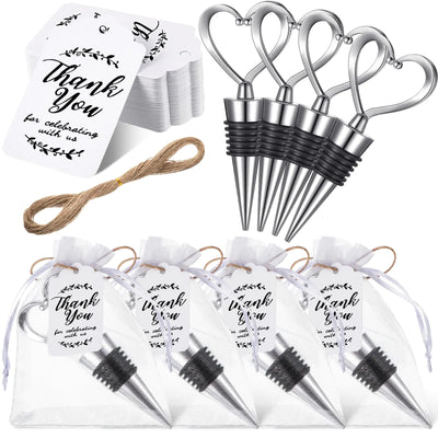30 Pcs Heart Shape Wine Stoppers Love Wine Bottle Stopper silver Champagne Beer Bottle Stopper 50 Pcs White Kraft Labels 30 Pcs Sheer Bags with String for Wedding Gift Valentines Day Decorations