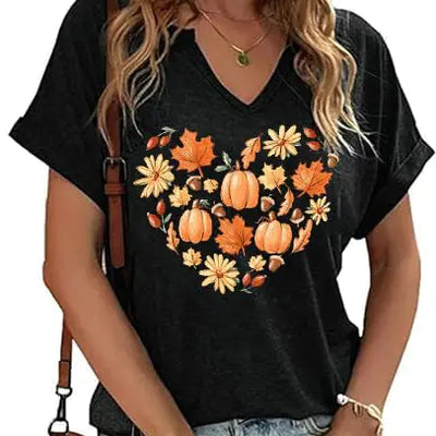 T-shirts col en V pour femmes Feuilles d'automne Citrouille CĆur Motifs floraux T-shirts de Thanksgiving Hauts d'Halloween (BK03-ATMMedium)