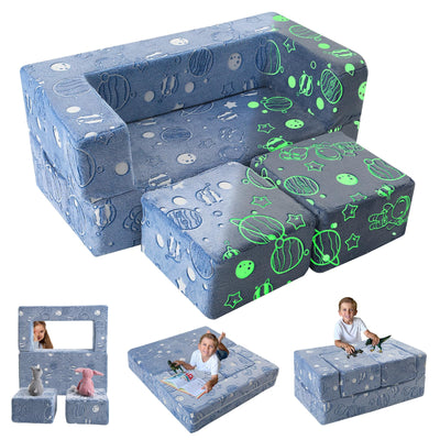 MeMoreCool Glow-in-The-Dark Space Kids Modular Play Couch – Blue Fold-Out Toddler Sofa for Bedroom and Playroom