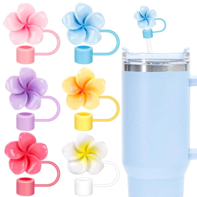 Whaline 6Pcs Frangipani Flower Straw Covers Summer Hawaii Colorful Floral Portable Drinking Straw Tips Cover Plumeria Reusable Cute Straw Protector Topper for 0.4in Straws Cup Accessories