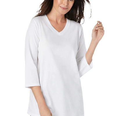Woman Within Womens Plus Size Perfect Three-Quarter Sleeve V-Neck Tee Shirt - M White