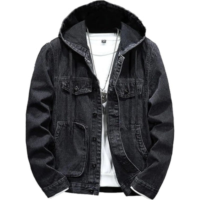QOAAIE Chaqueta vaquera con capucha para hombre, casual, manga larga, con botones, estilo camionero, abrigos vaqueros con capucha cálidos para invierno (negro, 3XL)