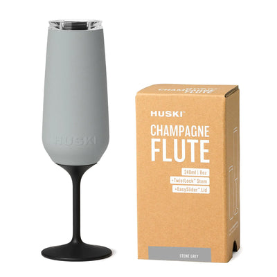 Huski Champagne Flute | NEW | Award-winning Design with Detachable Stem | Premium Stainless Steel Champagne Glass with Lid | Triple Insulated Tumbler | 8oz Capacity | Great Gift (Stone Grey)
