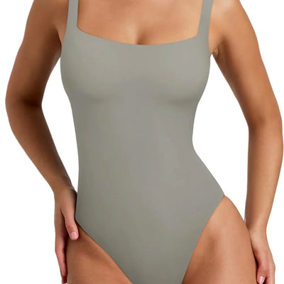 REORIA Women’s Summer Fashion Sexy Square Neck Sleeveless Backless Double Lined Seamless Trendy Going Out Thong Tank Bodysuits Tops Antique Pewter Large