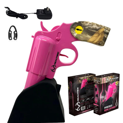 Realtree® Electric Gun Wine Bottle Opener - Open your Wine Bottle Fast with this New Corkscrew - Great Gift for Gun Enthusiasts and Wine Lovers. Foil Cutter and Charging Base Included. (Pink)