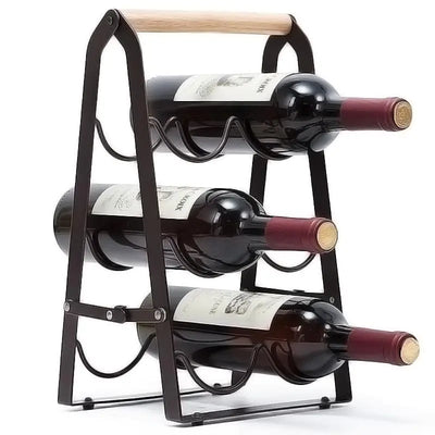 HMKAIJUFUL Estante para vinos de 6 botellas, de madera, para encimera, soporte independiente de 3 niveles para botellas, para barra de bar en casa, insertos de gabinetes de mesa, almacenamiento en bodega, no requiere montaje (negro)