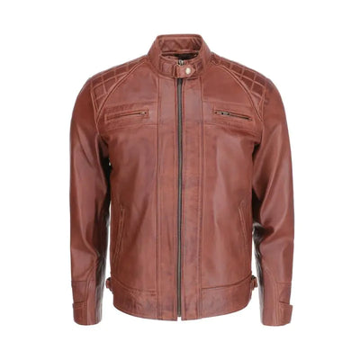 TLC Mens Tan Genuine Leather Motorcycle Jacket - Lambskin Diamond Quilted Cafe Racer Leather Jacket