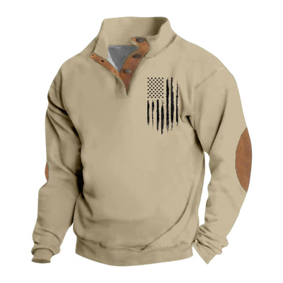 JWNYJFB Sweat-shirts pour homme - Automne - Coupe ajustée - Motif drapeau américain - Manches longues - Sans capuche - Col montant confortable - Boutons - Patchwork - Pull sans capuche - Vêtements tactiques pour homme - Beige - Taille M