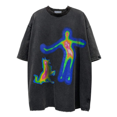 Camisetas gráficas de gran tamaño Aelfric Eden para hombre Y2k de algodón lavado Camiseta con estampado de retrato distorsionado Cuello redondo Negro
