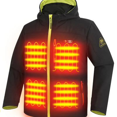 PTAHDUS Chaquetas térmicas para hombre, 5 zonas de calor, batería incluida con bolsillo calientamanos (Negro/Amarillo Talla XL)