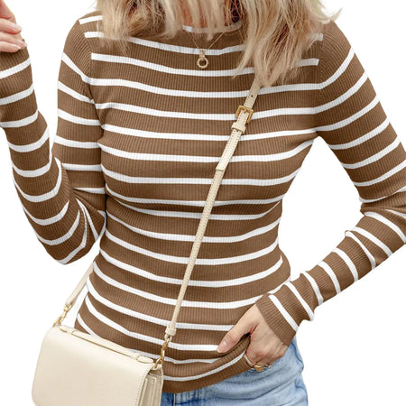 EVALESS Womens Striped Sweaters Dressy Casual Crewneck Long Sleeve Ribbed Knit Pullover Sweaters Fall Cute Slim Fit Sweaters for Women 2024 Trendy Winter Fashion Outfits Brown Small