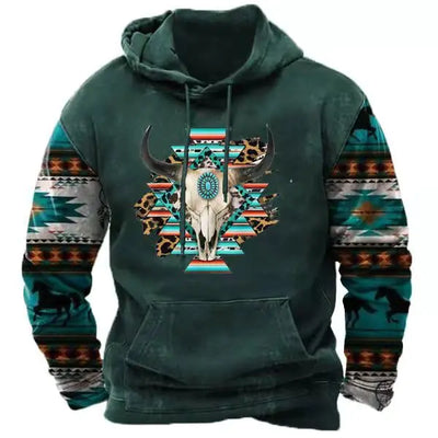 ZOCAVIA Sweat à capuche aztèque ethnique pour homme - Hauts à capuche avec cordon de serrage pour garçons et adolescents - Pull à capuche décontracté à manches longues - Sweat-shirts à capuche pour homme avec motif tête de mort de vache - 2XL