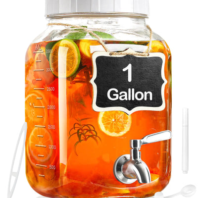 1 distributeur de boissons en verre de 3,8 litres pour les fêtes. Distributeur de boissons avec graduation. Bouchon à vis avec joint en silicone 100 % hermétique. Robinet en acier inoxydable 100 % étanche. Distributeur de lessive.