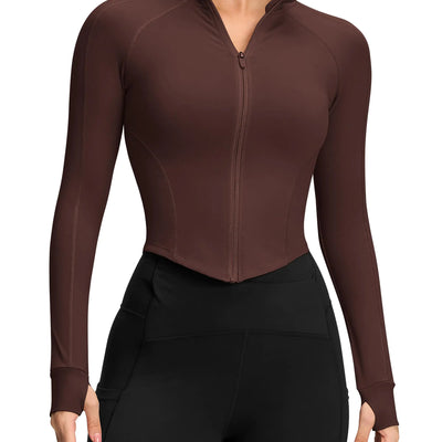 AVGO Chaquetas con cremallera para mujer, manga larga, tops de entrenamiento, chaqueta corta ligera, ropa de yoga para gimnasio, ajuste entallado (caramelo XL)