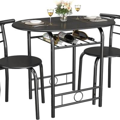 JUMMICO Ensemble 3 pièces de table et chaises rondes en bois, pour économiser de l'espace, coin repas de cuisine, plateau à grain de bois avec cadre en métal et porte-bouteilles intégré pour cuisine, salle à manger (Noir)