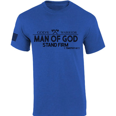 Trenz Shirt Company Camiseta de hombre con el lema "Guerrero de Dios, mantente firme", basada en las Escrituras bíblicas, con la cruz de Jesús, camiseta cristiana de manga corta, color azul real jaspeado, talla Mediana.