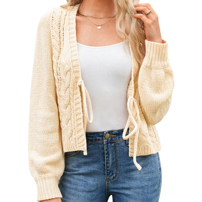 Gilets Cardigan Femme Honwenle 2024 Surdimensionnés Ouverts à Nouer Manches Longues Courts Cardigans Tricotés Vêtements d'Extérieur Tenues d'Automne Beige