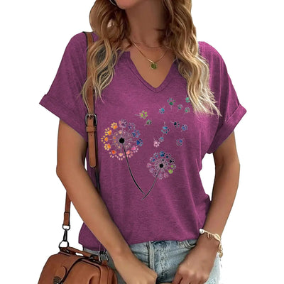 Woffccrd Camisetas casuales de cuello en V para mujer, camisetas con estampado de diente de león, camisetas de manga corta con pata colorida (rojo oscuro)