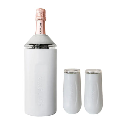 Vinglacé Champagne Bottle Chiller Gift Set- Portable Stainless Steel Sparkling Wine Cooler with 2 Stemless Champagne Flutes White