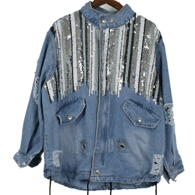 Striped Mid-length Denim Jacket