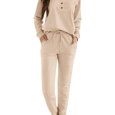KIRUNDO Ensemble de survêtement 2 pièces pour femme Automne Hiver 2024 Pull Henley à boutons Pantalon de survêtement avec cordon de serrage Ensembles de détente avec poches (Kaki Medium)