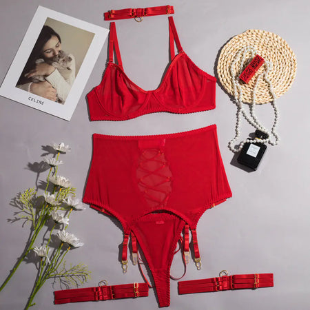 Sheer Mesh Thong Lingerie Set - Sexy Multi-Piece